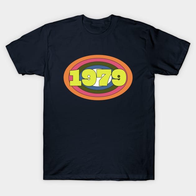 Yellow Year 1979 Rainbow Ellipse Vintage Typography T-Shirt by ellenhenryart